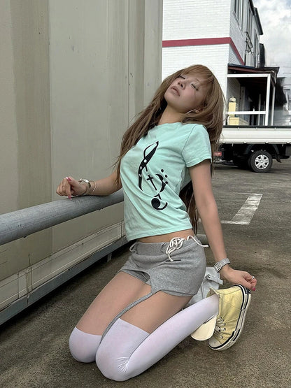 Chic Dollette Korean Style Music Note Print T Shirt Women Short Sleeve Cotton T-shirt Y2k Vintage Graphic Tops Japanese 2000s Tee