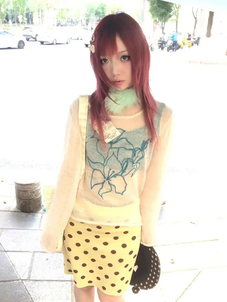 Chic Dollette Harajuku Print Graphic Tops See Through Y2k Aesthetic T-shirt Women Japanese 2000s Fairycore Tee Top Korean Style Tops
