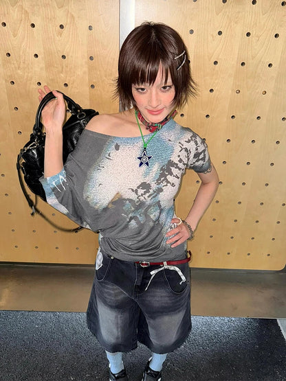 Chic Dollette Hotsweet schulterfreies T-Shirt Kleidung Kurzarm Koreanische Mode T-Shirts Damen Kleidung Sommer Top 2000er