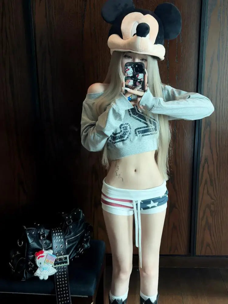 Chic Dollette Print-Buchstaben Damen Sweatshirts Langarm Koreanische Mode Crop Top Lässiger Streetwear Hoodie Kleidung Herbst Top