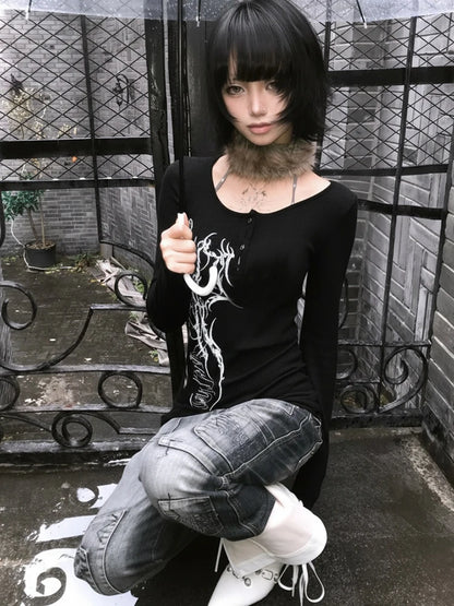Chic Dollette Gothic Ästhetisches T-Shirt Langarm Schwarz Bedrucktes Grafik-Top Japanisches 2000er Jahre T-Shirt E-Girls Punk T-Shirts