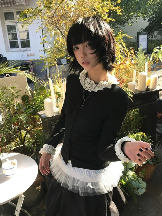 Cardigan Chic Dollette Harajuku Mince Patchwork Fairycore Doux Manteaux Pull Tricoté Hiver Japonais Années 2000