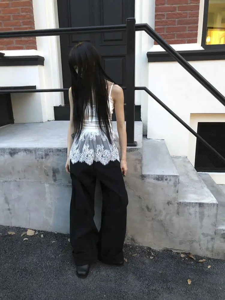 Haut court chic coréen Dollette en patchwork et dentelle, sans manches, style superposé, dos nu, streetwear, gothique chic