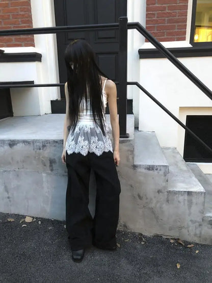 Haut court chic coréen Dollette en patchwork et dentelle, sans manches, style superposé, dos nu, streetwear, gothique chic
