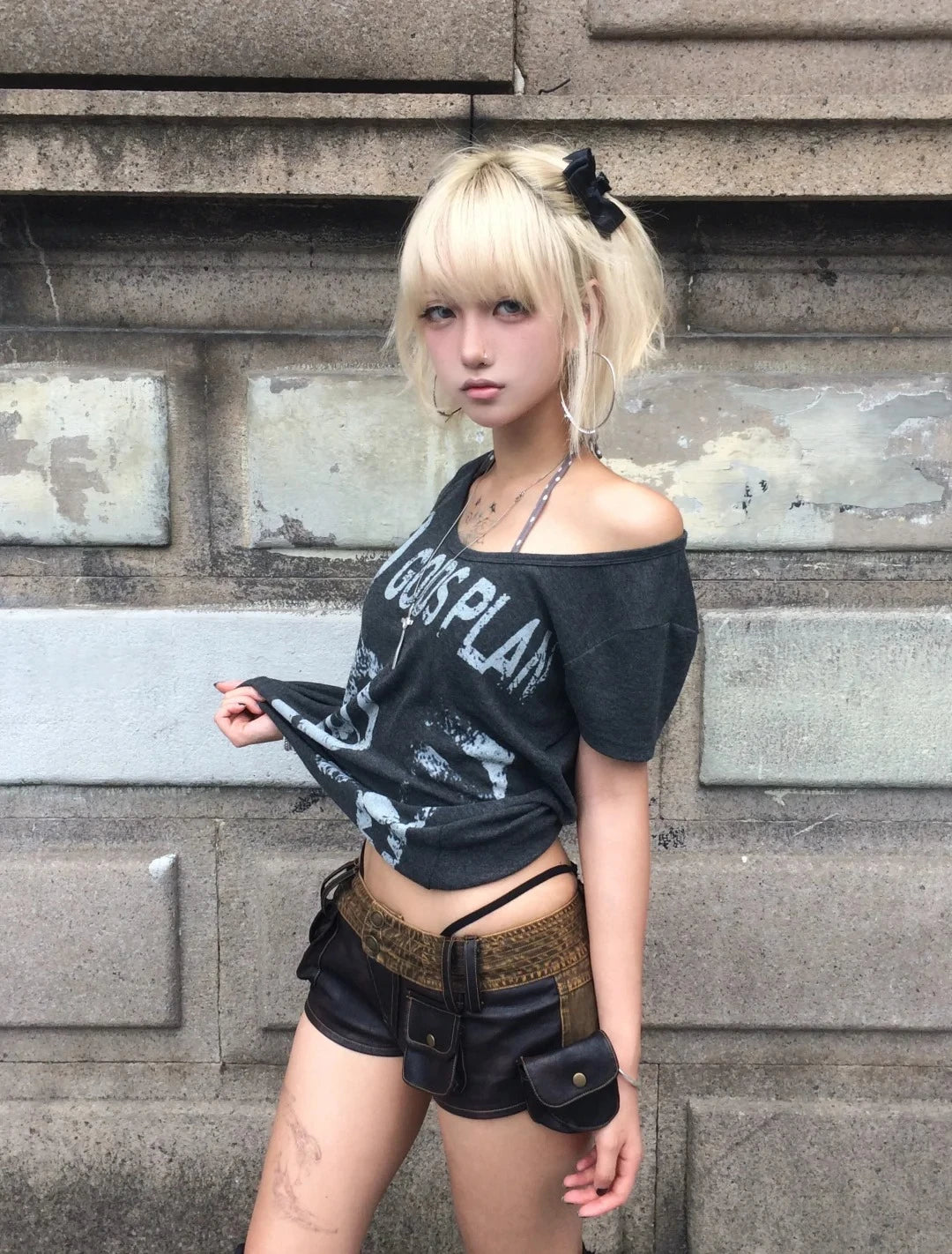 Chic Dollette Vintage T-Shirt Kurzarm Print Grafik-Top Japanische 2000er Grunge Top Punk Style Tee Top E-Girls
