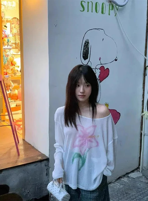 Chic Dollette Japanischer Pullover Langarm Strick T-Shirt E-Girls Print Blumen T-Shirt Top 2000er Vintage Grunge Top