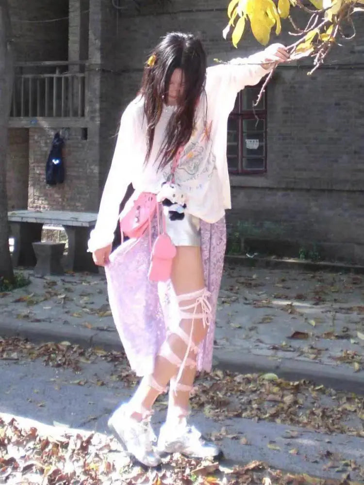 Chic Dollette T-Shirt im koreanischen Stil, handbemalte Blume, Langarm, 2000er Kleidung, Grafik-T-Shirts, Rundhals, lockeres Mode-Oberteil