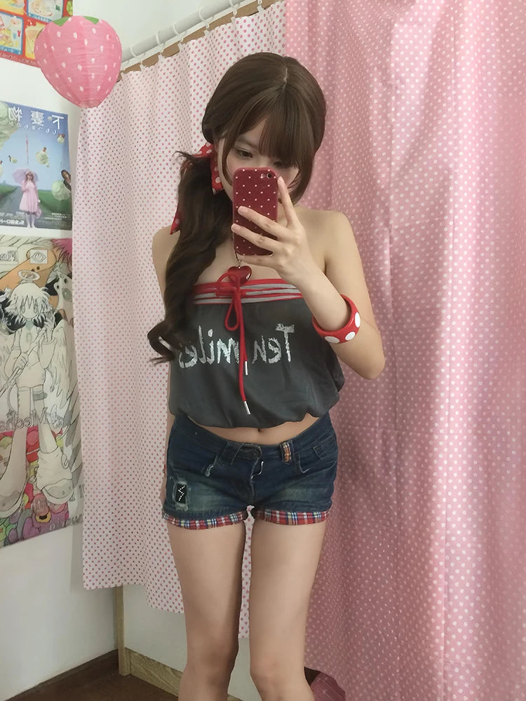 Chic Dollette Checkered Rolled Hem Denim Shorts Women Y2K Gyaru Rhinestone Stretchy Slim Low Waist Jean Shorts Vintage Streetwear