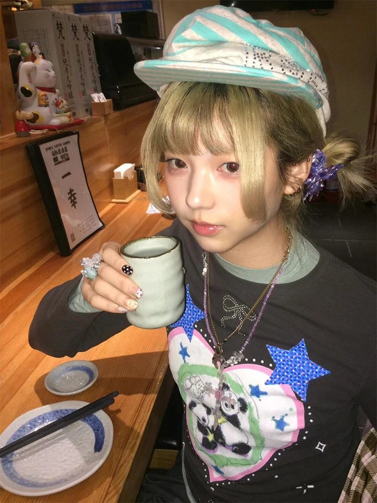 Chic Dollette Harajuku Cartoon Printing T-shirts Streetwear Black Diamond Bow Y2k Aesthetic Fairy Tshirts Women Grunge Bottoming Tops