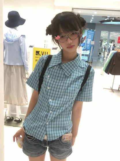 Chic Dollette  Japanese Plaid Shirt Women Short Sleeve Irregular Blouse And Shirt Korean Style Vintage Shirts 2000s Aesthetic