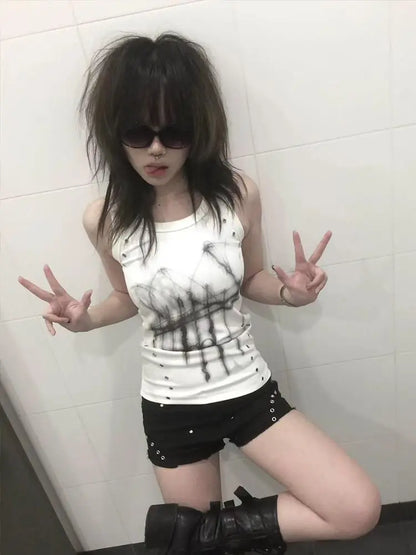 Chic Dollette Gothic Print Tanktop Broken Black Vintage Grunge Top Streetwear 2000er Jahre Japanisches ärmelloses T-Shirt