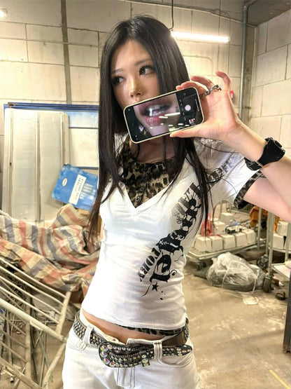 Chic Dollette 2000s Subculture Print T Shirts American Vintage Slim Leopard Patchwork Tees Y2k Harajuku Hot Girl Streetwear Short Sleeve Tops