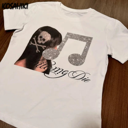 Chic Dollette 2026 Summer T-shirt Streetwear Grunge Skull Rhinestone Tops Y2k Aesthetic Casual Harajuku Loose Tshirt
