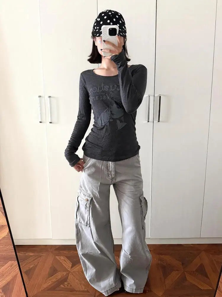 Schicke Dollette Streetwear Grafik T-Shirts Damen Kleidung Langarm Koreanische Mode 2000er Kleidung T-Shirts Weibliche Kleidung Herbst Oberteil