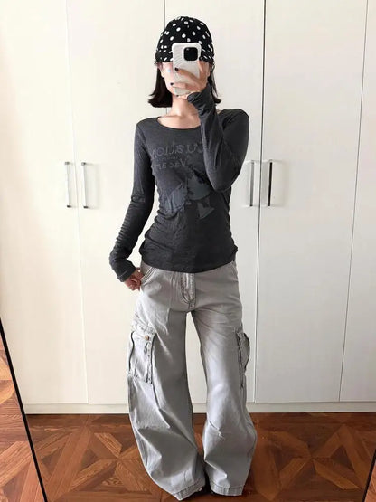 Schicke Dollette Streetwear Grafik T-Shirts Damen Kleidung Langarm Koreanische Mode 2000er Kleidung T-Shirts Weibliche Kleidung Herbst Oberteil