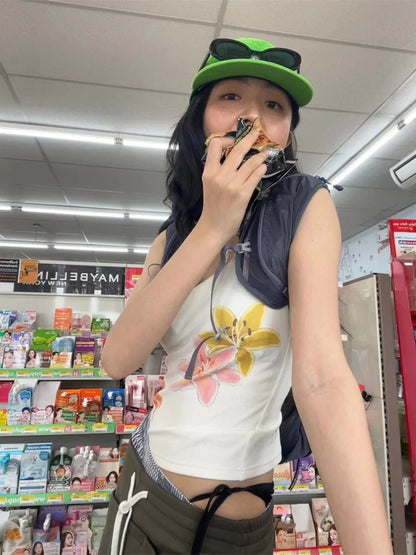 Schickes Dollette Japanisches Tanktop Ärmelloses Print Graphic Top Streetwear Skinny American Retro 90er Sommer Crop Top