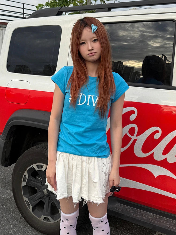 Chic Dollette Korean Style Print Letter T-shirt Women Slim Short Sleeve Tee Y2k Japanese Vintage Tops Streetwear Blue Tshirt E-girls