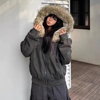 Chic Dollette Winterjacken Pelzkragen Parkas Vintage Thicken Fleece Warme Jacken Streetwear Harajuku Hip Hop Gepolsterte Chic Oberbekleidung