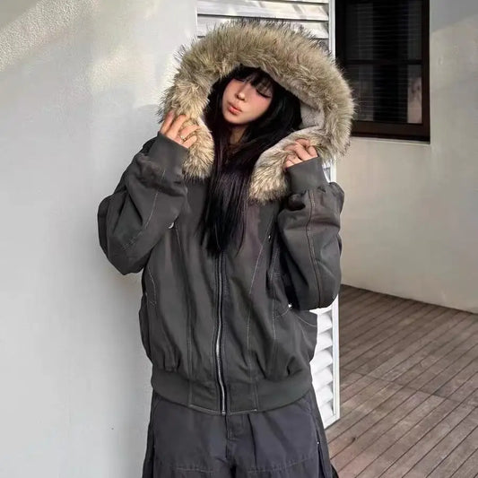 Vestes d'hiver Chic Dollette Col fourrure Parkas Veste polaire épaissie Vintage Vêtements chauds Streetwear Harajuku Hip Hop Rembourré Vêtement d'extérieur chic