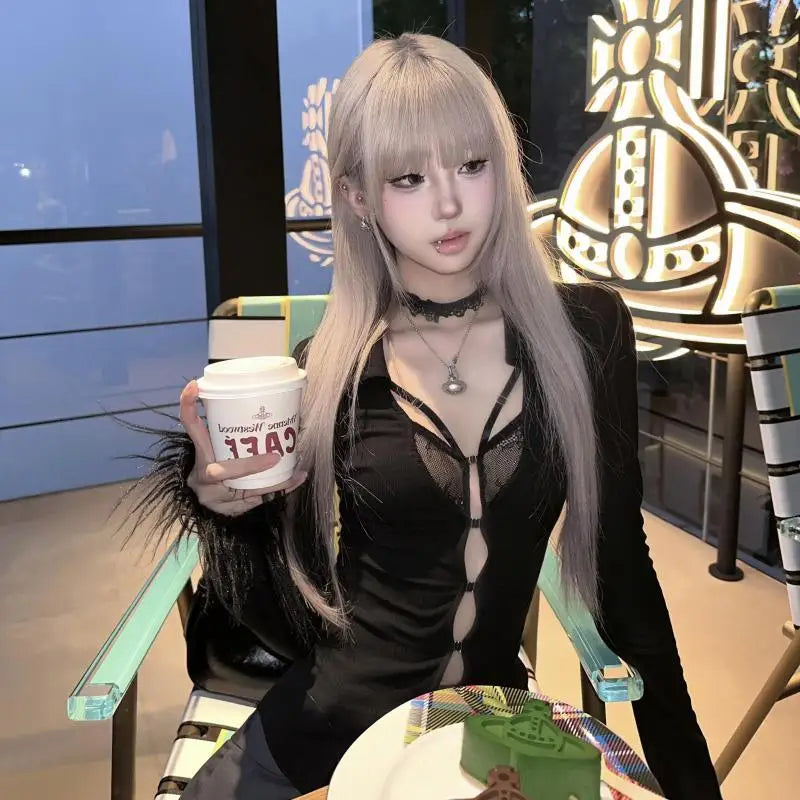 Chic Dollette Hotsweet Top Hollow Out Skinny Langarm 2000er Kleidung Streetwear Spitzen-T-Shirt Koreanische Mode Herbst-Tees