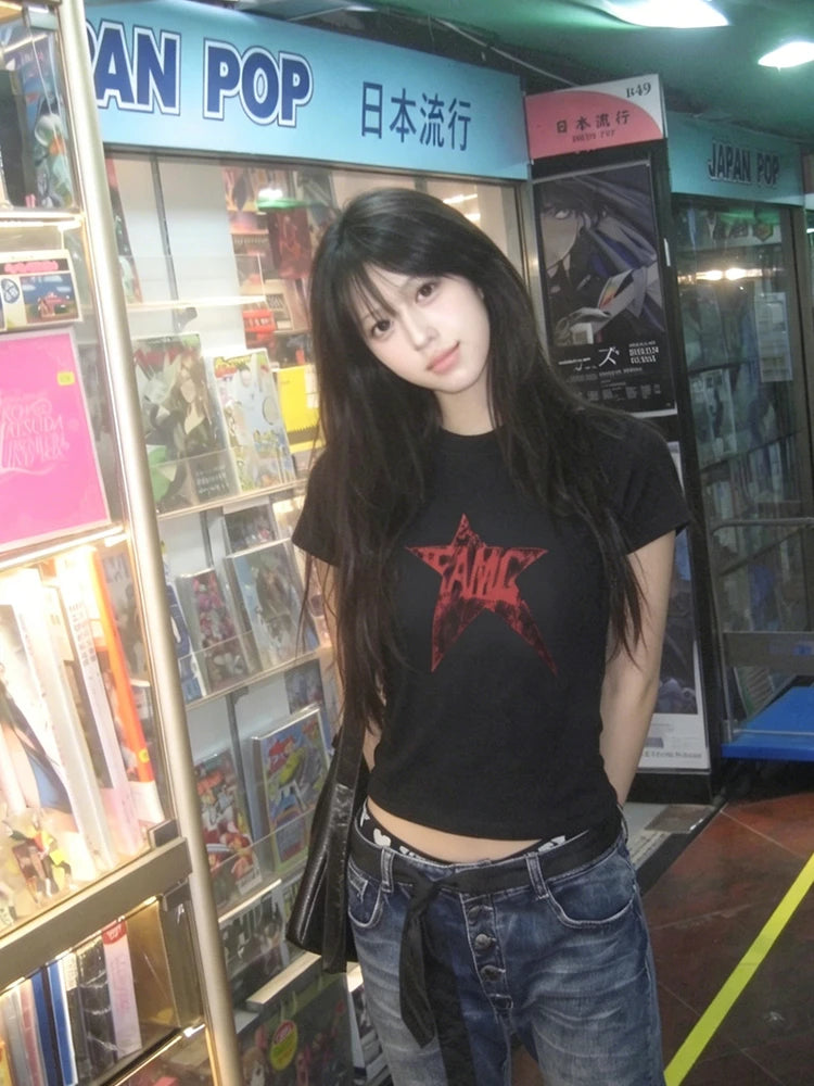Chic Dollette Y2k Japanese Vintage Tops Black Print Graphic Top Tee Streetwear American Retro T Shirt Women E-girls 2000s Crop Tops