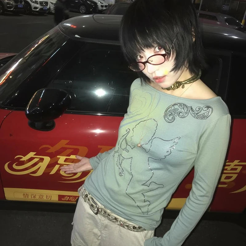 Chic Dollette T-shirt Manches Longues Tie Dye Imprimé Graphique Haut Grunge Japonais Années 2000 Haut Fairycore T-shirts E-girls