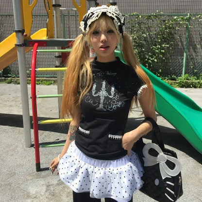Chic Dollette Harajuku Vintage T-Shirt Rollkragen Print Crop Top Japanisches Grunge Top Gothic T-Shirts 2000er Tees