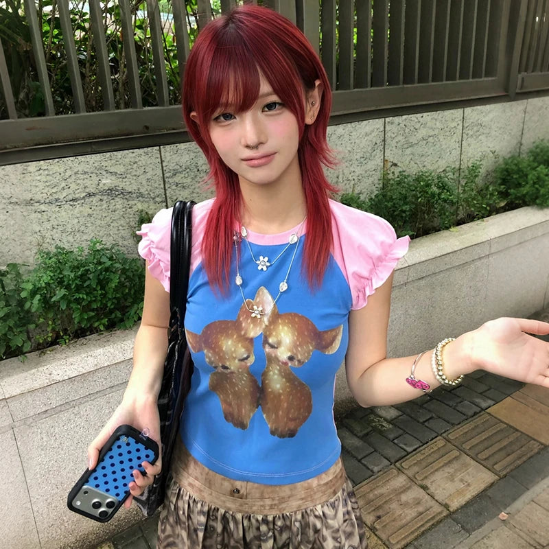 Chic Dollette Japanese Deer 2000s Short Sleeve Top