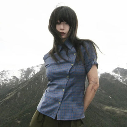 Chic Dollette Chemise Vintage Manches Courtes Irrégulière Décontractée à Carreaux Années 2000 Japonaise Été T-shirt E-girls Streetwear