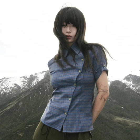 Chic Dollette Chemise Vintage Manches Courtes Irrégulière Décontractée à Carreaux Années 2000 Japonaise Été T-shirt E-girls Streetwear