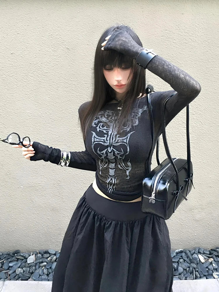 Schickes Dollette Schwarzes Transparentes Grafik-T-Shirt Kleidung Langärmlig Gothic Koreanische Mode 2000er Kleidung T-Shirts Damenbekleidung