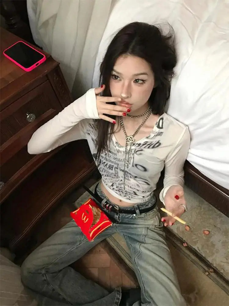Chic Dollette Vintage T-Shirt Skinny Mesh Top Streetwear Funny T-Shirts Grunge Crop Top Japanische 2000er Jahre Tee Top
