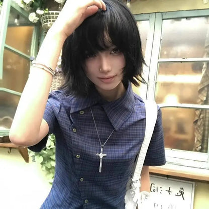 Chemise décontractée à carreaux vintage Chic Dollette à manches courtes Haut d'été japonais années 2000 Chemise irrégulière rétro américaine années 90