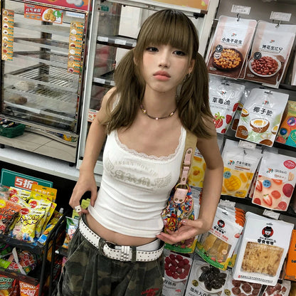 Chic Dollette Japanese Y2k Letter Print Tank Top 2000s Style Lace Patchwork Tanktop Vintage Harajuku Sleeveless Top American Retro 90s