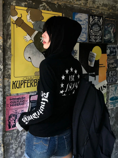 Chic Dollette  American Retro T-shirt Hooded Print Graphic Top  Vintage Top Streetwear Japanese 2000s Grunge Top E-girls