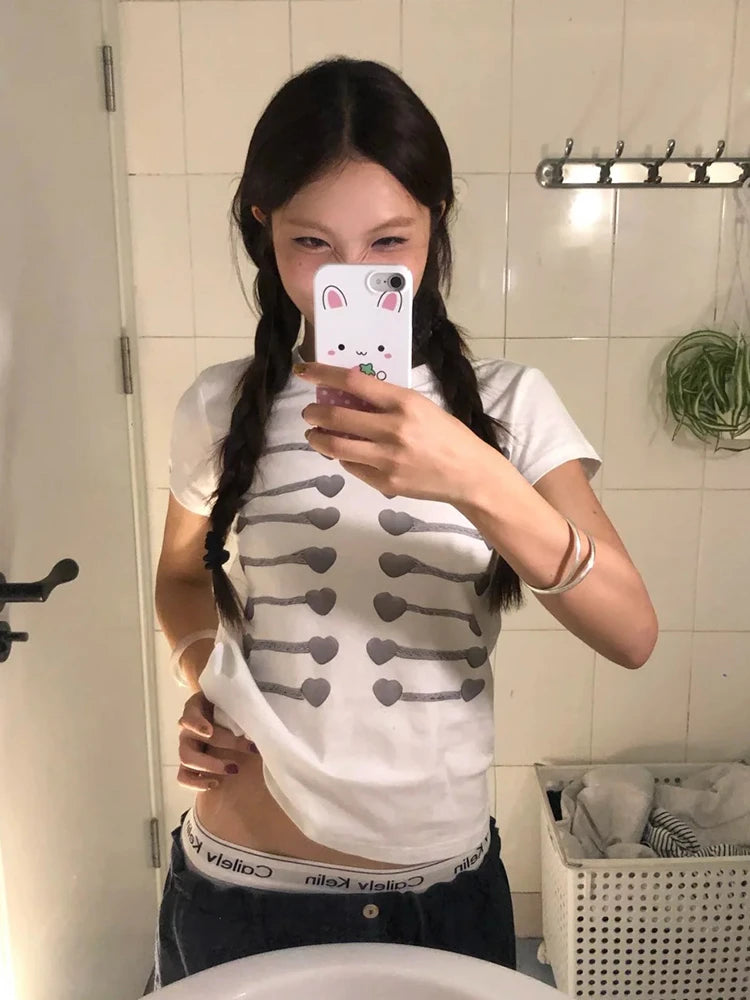 Tonngirl Y2k Print Button Graphic Tops Slim Short Sleeve T-shirt Women Japanese 2000s Vintage Tops American Retro Tee Tops White