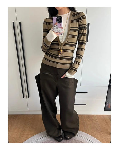 Schickes Dollette Gestreiftes Fake Two Piece T-Shirt Langarm Koreanische Mode Office Lady Strickoberteil Herbst T-Shirts Damen Kleidung