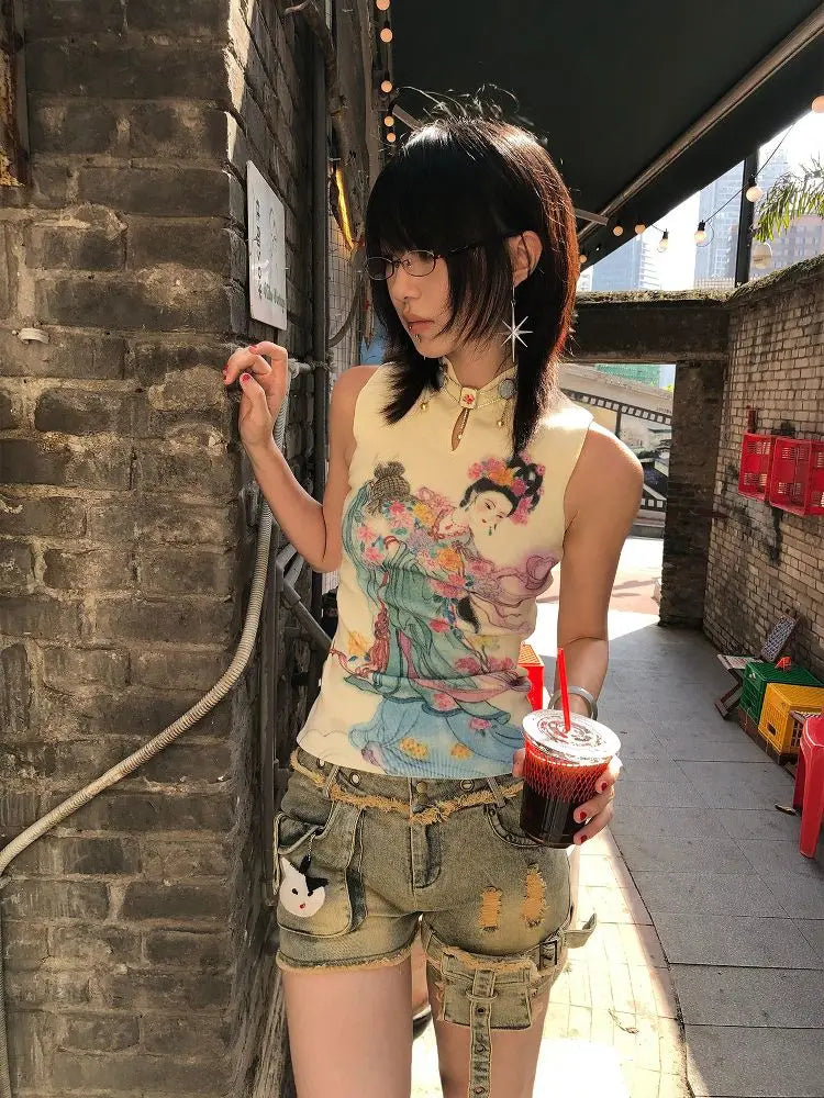 Chic Dollette Chinesischer Stil Tank Top Aushöhlen Skinny Weste 2000er Kleidung Blumenfee Druck Damen Ärmellos Koreanisches Mode Top