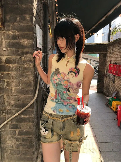 Chic Dollette Chinesischer Stil Tank Top Aushöhlen Skinny Weste 2000er Kleidung Blumenfee Druck Damen Ärmellos Koreanisches Mode Top