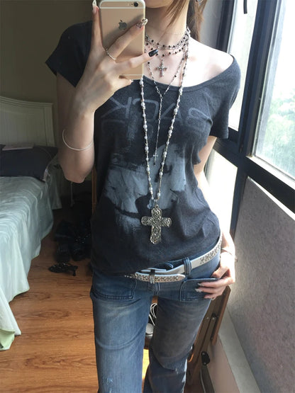 Chic Dollette Amerikanisches Retro T-Shirt Elastisches Kurzarm-Print Grafik-Top Streetwear Japanisches Grunge Top Ästhetisch