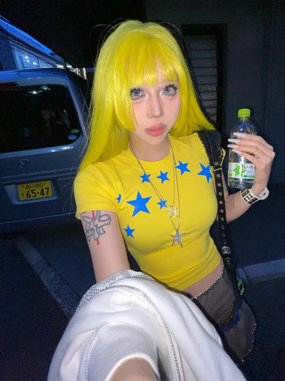 Haut court chic Dollette Hot Summer Jaune T-shirt à manches courtes avec motif Vêtements féminins Années 2000 Haut court ajusté chic