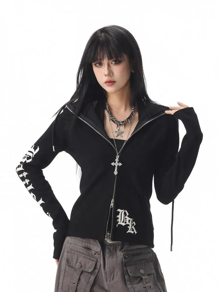 Chic Dollette Reißverschluss-Kapuzenpullover Langarm Streetwear Koreanische Modebedruckte Damen-Sweatshirts 2000er Kleidung Herbst Oberteil Chic