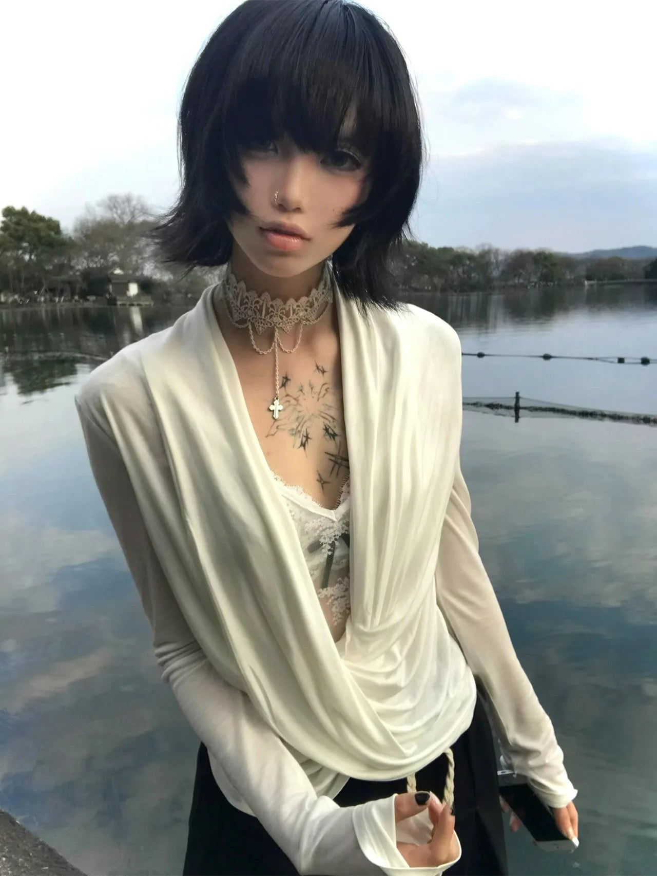 Chic Dollette Fairycore T-Shirt Spitze Patchwork Fake Two Pieces Top Japanisch 2000er Jahre Irregulärer Schwingkragen Tee Top E-girls