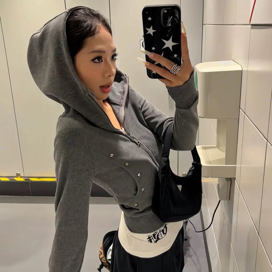 Chic Dollette Sweatshirts à Capuche Décontractés à Rivets Automne 2025 Fermetures Éclair Doubles Manteaux Streetwear Grunge Coupe Slim