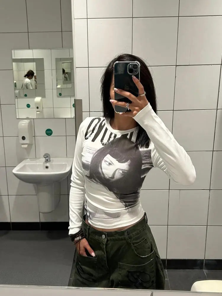 Chic Dollette Amerikanische Retro Grafik T-Shirts Streetwear Print Tees 2000er Kleidung Skinny Rundhals Langarm Punk Style Top