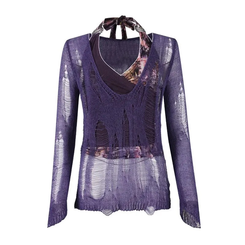 Chic Dollette Japanische Zweiteilige Oberteile Strickpullover mit V-Ausschnitt + Patchwork Tank Top Streetwear 2000er Japanisches T-Shirt Damen