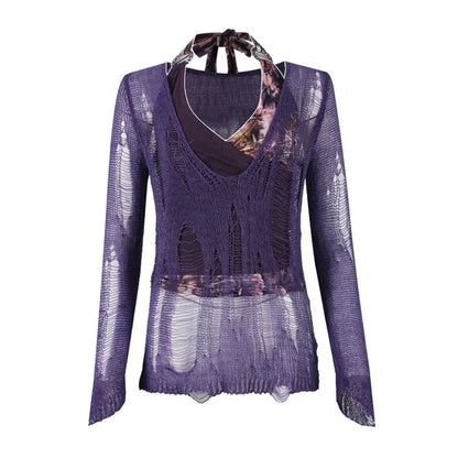 Chic Dollette Japanische Zweiteilige Oberteile Strickpullover mit V-Ausschnitt + Patchwork Tank Top Streetwear 2000er Japanisches T-Shirt Damen