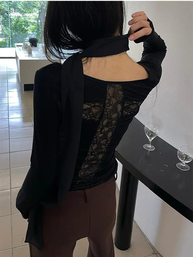 Schickes Dollette T-Shirt mit gekreuztem Rückenausschnitt, Damenbekleidung, langärmeliges koreanisches Mode-Herbst-Oberteil, schmale T-Shirts, Damenkleidung