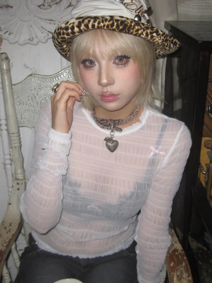 Chic Dollette Vintage Mash Top Durchsichtiges bauchfreies Streetwear Slim Lace White T-Shirt E-Girls Japanese Aesthetic