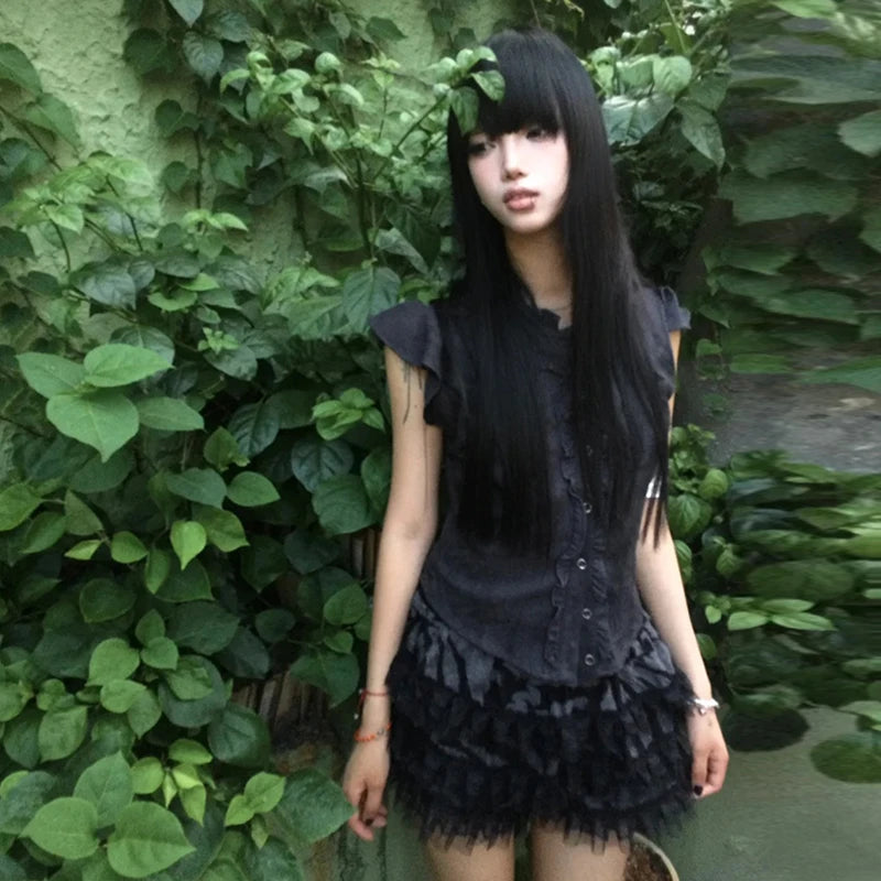 Chic Dollette Y2k Vintage Shirt Women Ruffled Sleeveless Blouse And Shirt 2000s Japanese Grunge Tops American Retro Tank Tops E-girls